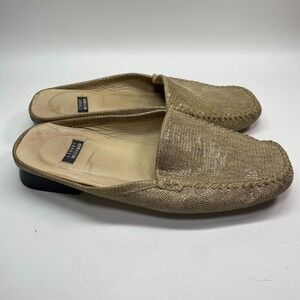 Stuart Weitzman Square Toe Beige Whipped Stitched Coated Fabric Mules Slip 7.5B‎